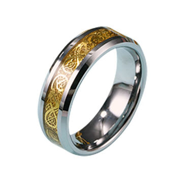 Anel de ouro do tungstênio de moda com padrão de dragão e anéis de aço de tungstênio amarelo de fundo
